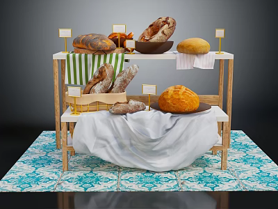 Various Fresh Bread Loaves Displayed On Wooden Stand With Tablecloth And Tile Floor 3d model