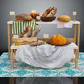 Various Fresh Bread Loaves Displayed On Wooden Stand With Tablecloth And Tile Floor
