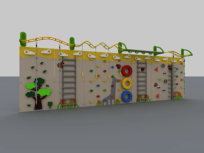 Colorful Children's Sports Equipment Climbing Wall With Holds Rings Ladder And Decorations 3d model