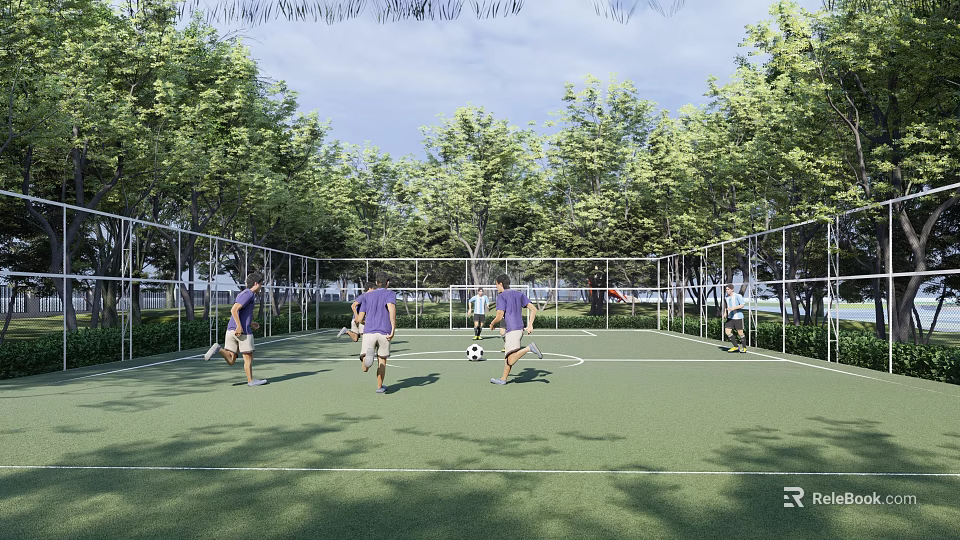 Outdoor Football Field Surrounded by Green Trees With People in Purple Shirts Playing Football 3d model 