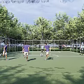 Outdoor Football Field Surrounded by Green Trees With People in Purple Shirts Playing Football 3d model