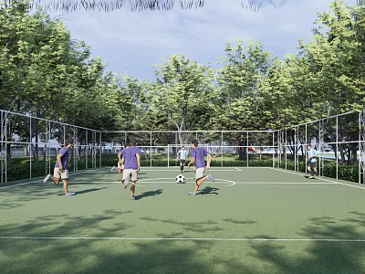 Outdoor Football Field Surrounded by Green Trees With People in Purple Shirts Playing Football 3d model