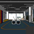 Colorful Fitness Studio Interior With Blue Floor Orange Lines And Round Workout Equipment