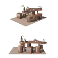 Wooden Tea Table and Stools with Tea Set and Decorative Plants 3d model