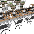 Modern Office Conference Table with Laptops Office Chairs and Green Plant Wall
