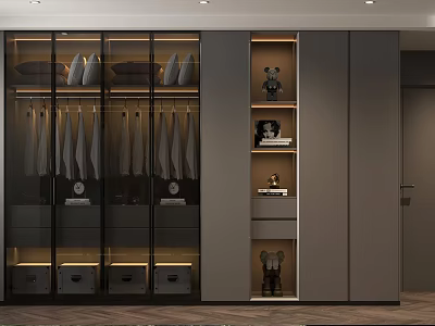 Modern Walk in Closet Interior Design With Glass Doors Hanging Clothes And Storage Drawers 3d model