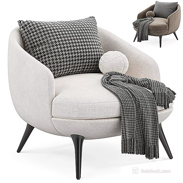 Light Beige Single Sofa with Black Slim Legs Houndstooth Pillow and Throw Blanket 3d model 
