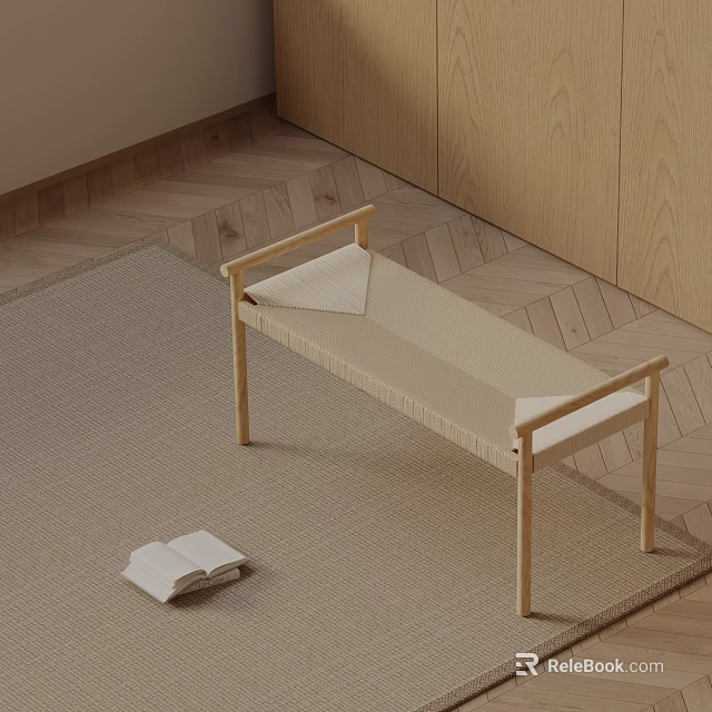 Light Beige Sofa Bench with Wooden Frame and Woven Seat on Rug and Wooden Floor 3d model 