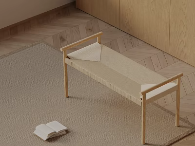 Light Beige Sofa Bench with Wooden Frame and Woven Seat on Rug and Wooden Floor 3d model