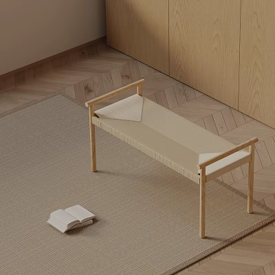 Light Beige Sofa Bench with Wooden Frame and Woven Seat on Rug and Wooden Floor 3d model