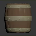 Brown Wooden Barrel With Shiny Metal Hoops And Textured Surface