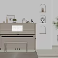 White Piano Interior With Sheet Music Plants Arched Shelves And Woven Planter