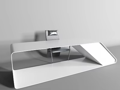 Sleek Modern White Office Desk With Geometric Structure And Checkered Chair 3d model
