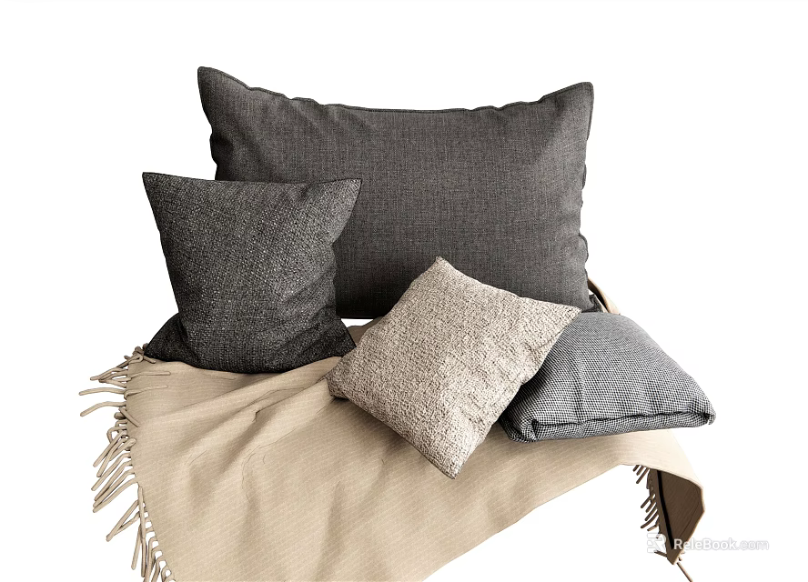 Textured Decorative Gray And Beige Pillows With Soft Woven Throw Blanket 3d model 