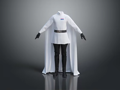 White Robe Costume with Black Gloves Boots Belt and Chest Badge Design 3d model