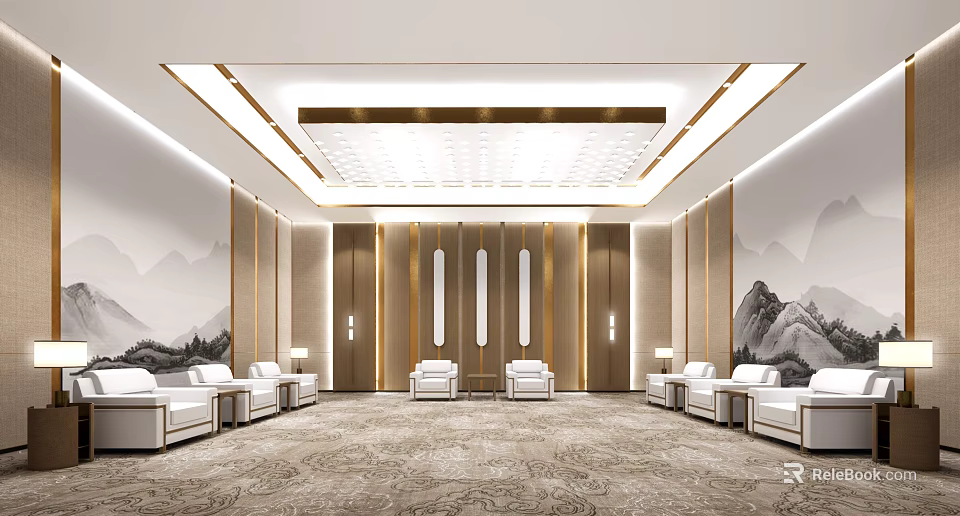Elegant Hotel Public Lounge Area With White Sofas And Landscape Painting Walls 3d model 