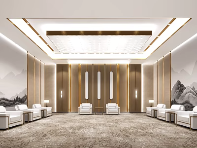 Elegant Hotel Public Lounge Area With White Sofas And Landscape Painting Walls 3d model