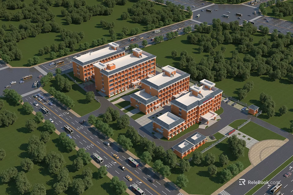 Large Orange Brick Campus Buildings Surrounded by Green Trees and Roads with Vehicles 3d model 