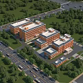Large Orange Brick Campus Buildings Surrounded by Green Trees and Roads with Vehicles