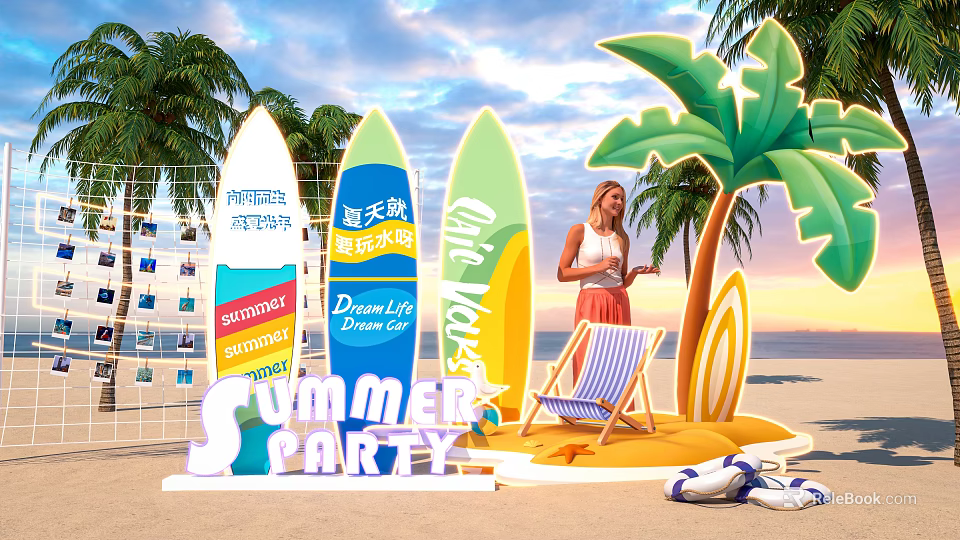 Summer Party Photo Spot With Colorful Surfboards Tropical Palm Trees And Striped Beach Chair 3d model 