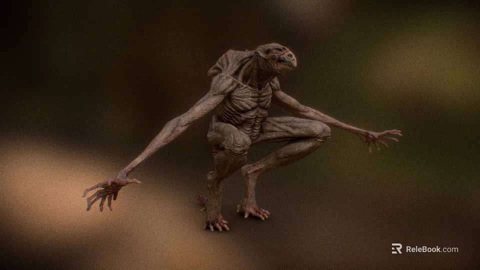 Eerie Emaciated Fantasy Creature With Long Limbs Rough Skin And Crouching Posture 3d model 