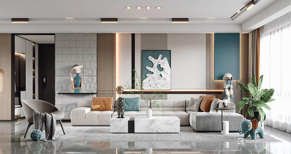 Modern Living Room Interior With Sectional Sofa Colorful Pillows Patterned Rug And Abstract Artwork 3d model 