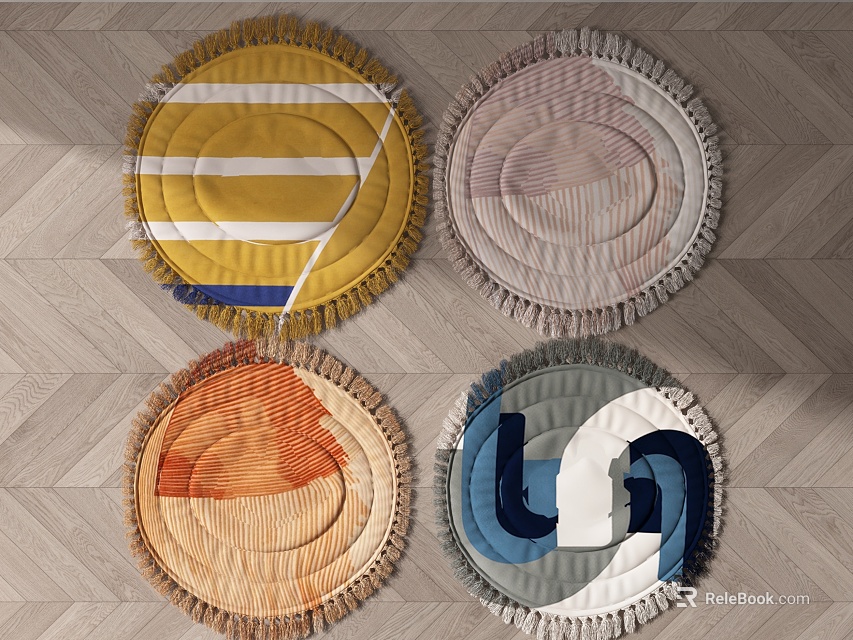 Colorful Round Rugs with Various Patterns and Fringed Edges on Wooden Floor 3d model 