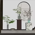 Elegant Vases With Green Branches Brown Plants On Marble Pedestal Wooden Stand White Wall Arch