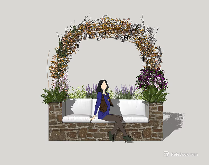 Outdoor Sofa Seating With Stone Wall Flower Arch And Lush Plants 3d model 