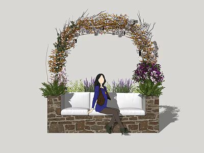 Outdoor Sofa Seating With Stone Wall Flower Arch And Lush Plants 3d model