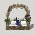 Outdoor Sofa Seating With Stone Wall Flower Arch And Lush Plants
