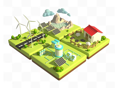 Cartoon Scene With Green Energy Elements Wind Turbines Solar Panels Small House And Mountains 3d model