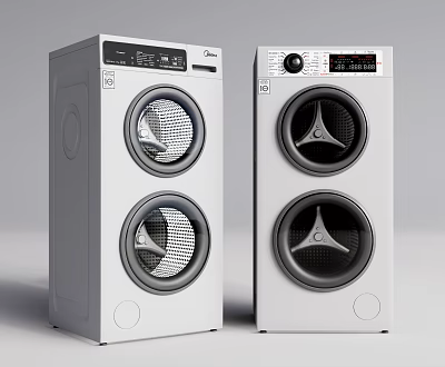 Two Modern White Vertical Double Tub Washing Machines With Circular Viewing Windows 3d model