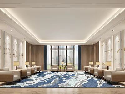 Office Meeting Room With Large Windows City View Blue White Carpet And Light Colored Sofas 3d model