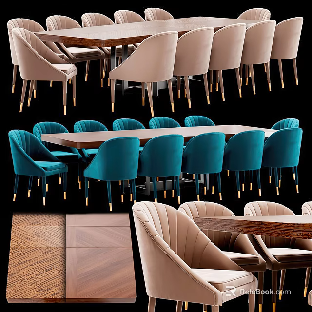 Modern Dining Table Set With Teal Beige Upholstered Chairs Wooden Tabletop And Metal Legs 3d model 