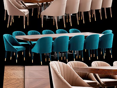 Modern Dining Table Set With Teal Beige Upholstered Chairs Wooden Tabletop And Metal Legs 3d model