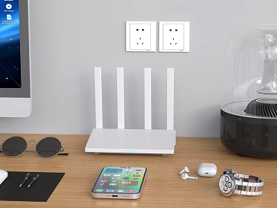 Modern Computer Workspace With Monitor Router Smartphone Wireless Earbuds And Mouse On Wooden Desk 3d model