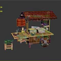 Traditional Street Food Stall With Red Roof Wooden Structure Food Items Small Stool And Table