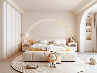 Modern White Bedroom Interior With Arched Headboard Nightstands Rug And Stuffed Toy 3d model