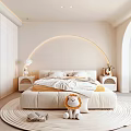 Modern White Bedroom Interior With Arched Headboard Nightstands Rug And Stuffed Toy