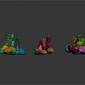 Colorful Cartoon Style Plants With Various Shapes And Vibrant Colors On Black Background