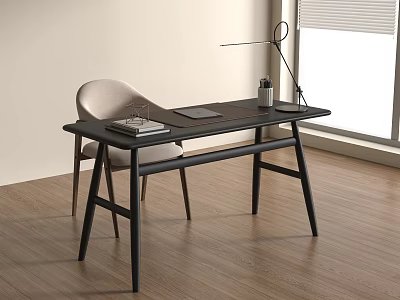 Modern Black Desk with Table Lamp Thermos and Notebook by Window on Wooden Floor 3d model