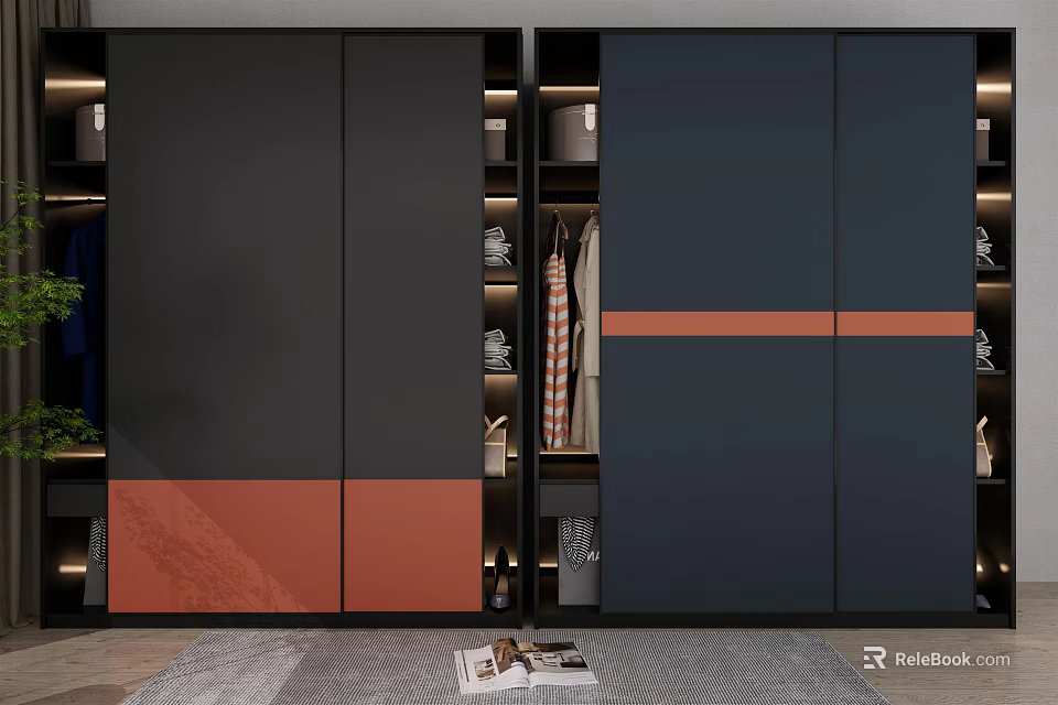 Modern Dark Colored Wardrobe With Orange Stripes And Sliding Doors Featuring Internal Storage Shelves 3d model 