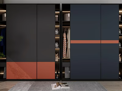 Modern Dark Colored Wardrobe With Orange Stripes And Sliding Doors Featuring Internal Storage Shelves 3d model