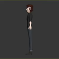 3D Model Character Red Hair Black Shirt Rolled Sleeves Blue Pants Arms Outstretched Gray Background