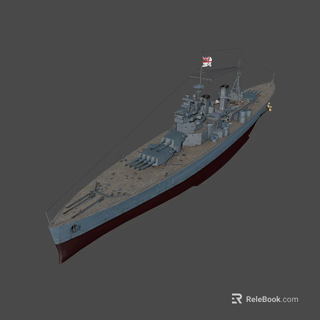 Large Warship With Turrets Mast And Flag On Gray Background 3D Rendering 3d model