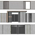 Modern Architectural Facade Featuring Gray Stone Walls Vertical Grilles Dark Doors And Metal Accents