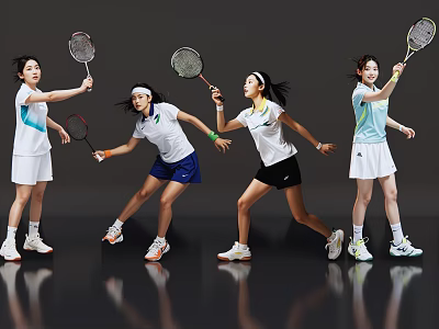 Women Playing Badminton in Sportswear with Rackets Various Dynamic Poses on Gray Background 3d model