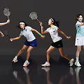 Women Playing Badminton in Sportswear with Rackets Various Dynamic Poses on Gray Background