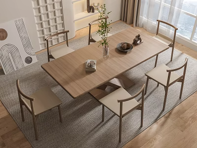 Wooden Dining Table Set With Four Upholstered Chairs And Decorative Plant Vase On Light Rug 3d model